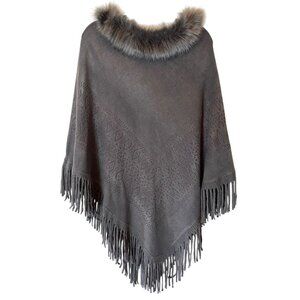Mirabeau Fashion Shawl Poncho Gray Faux Fur Trim Poncho  Fringe One Size